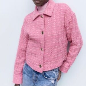 Zara Barbie Core Pink Tweed Faux Gold Button Front Slit Pockets Sides Blazer XS